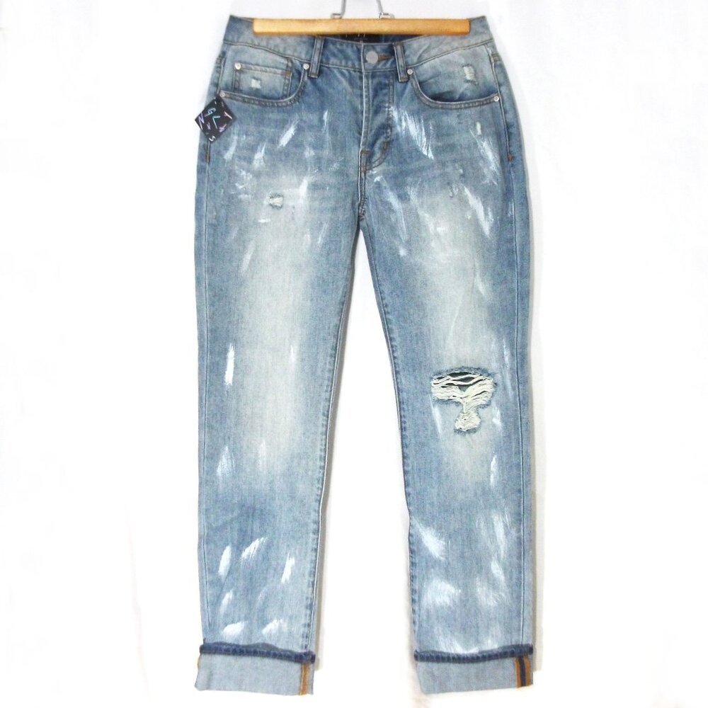 NASTY GAL Women High Rise Button Fly Distressed Cuffed Boyfriend JEANS Pants 26